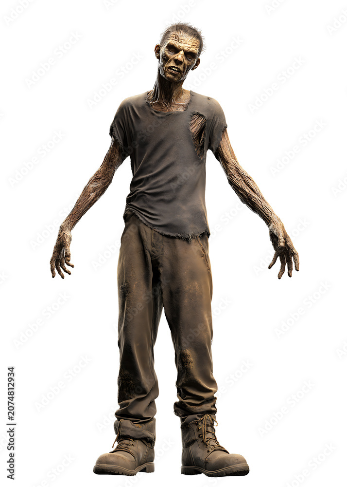 Fototapeta premium Zombie Action, Undead Figure, Isolated Setting, 3D Model, Dark Environment, Front View, Horror Concept