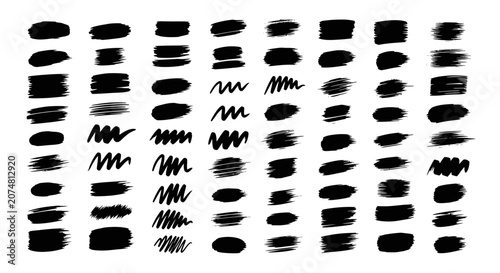 Black highlighter brush stroke lines set for underline banners, dry paint marker stripes, rough grunge ink smears and bold hand drawn highlight elements, Grunge paint lines

