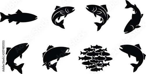 Cuadro en lienzo Salmon and trout fish silhouette collection featuring jumping sport fish and a s