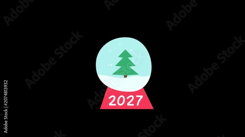 Horizontal 4K video. Loop animation with alpha channel. Glass flat Christmas ball with green fir tree snow with text 2027 on transparent. Concept of Happy New Year, holiday gift, winter, greeting