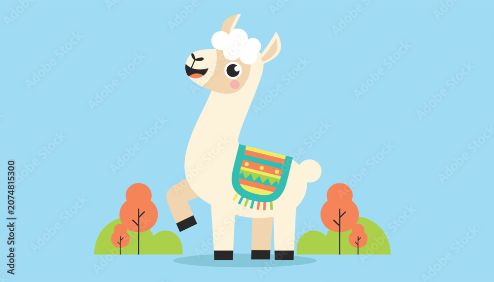 Fototapeta premium Cute smiling llama wearing a colorful traditional blanket standing in a stylized landscape with orange trees and blue sky.