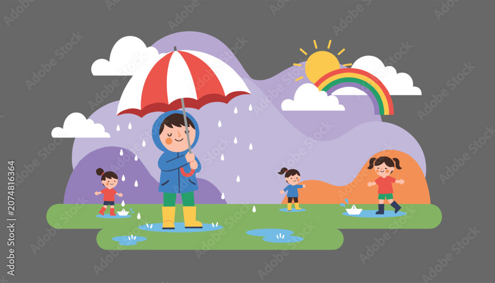 Naklejka premium Group of happy children in raincoats and yellow boots playing in puddles with a red and white umbrella under a colorful rainbow.