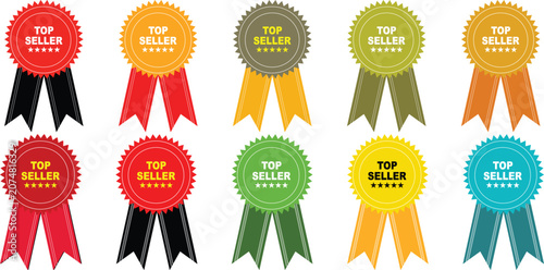 Foto Colorful top seller ribbon badges with tails flat vector silhouette