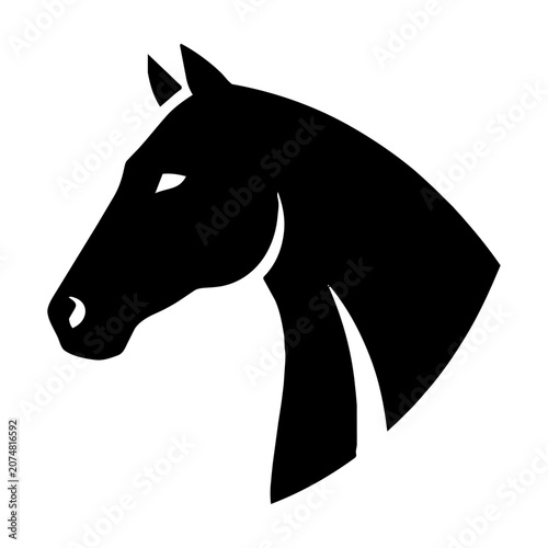 Minimalist black horse head icon in profile with sleek lines on a pure white background, elegant animal symbol concept
