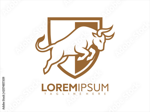 Brown bull logo design with shield and lorem ipsum text on white background for business branding and marketing materials vector graphic illustration