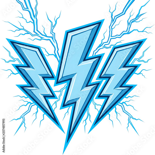 Electric Power Symbol: A graphic representation of three stylized blue lightning bolts radiating energy and power, set against a backdrop of crackling electrical arcs.