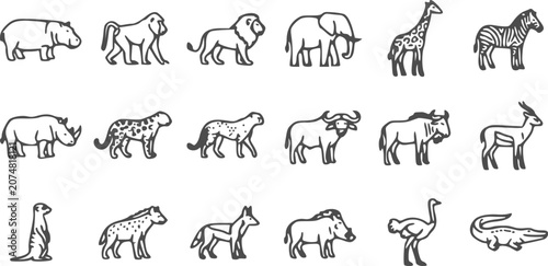 Photography Wild Animal Line Icons Vector Set – Lion, Elephant, Giraffe, Zebra, Rhino, Cheet