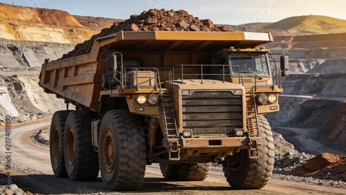 Massive Ultra Class Mining Haul Truck Transporting Ore in Open Pit Mine with Dramatic Golden Hour Industrial Landscape