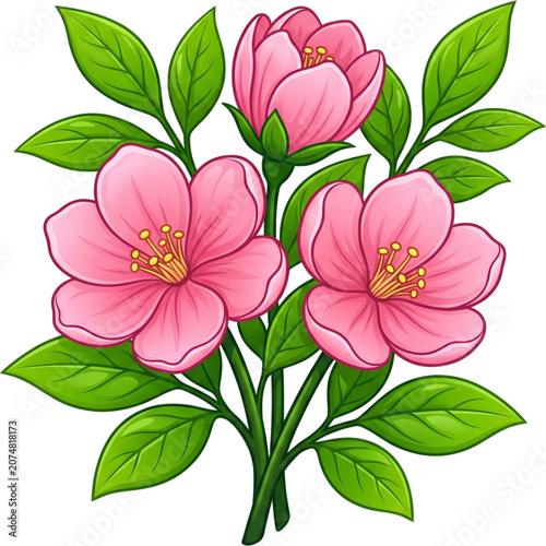 Pink Blossom Bouquet: A delightful illustration of a bouquet featuring three vibrant pink blossoms with yellow stamen, surrounded by lush green leaves, perfect for adding a touch of natural beauty.