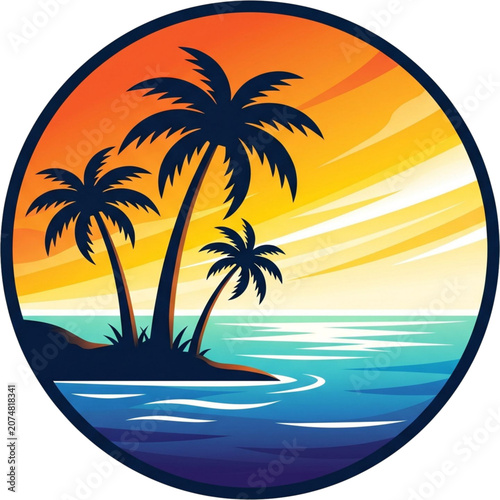 Tropical Paradise Sunset: A vibrant illustration captures the serene beauty of a tropical island at sunset, with silhouetted palm trees standing against a gradient sky of orange, yellow, and blue.