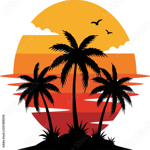 Tropical Sunset Paradise: Silhouetted palm trees stand against a vibrant sunset on a secluded island, with the ocean waves gently lapping the shore, evoking a sense of serene escape.