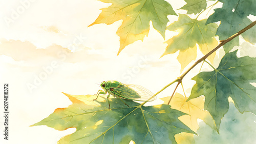 Minor Heat cicada and parasol leaf watercolor background