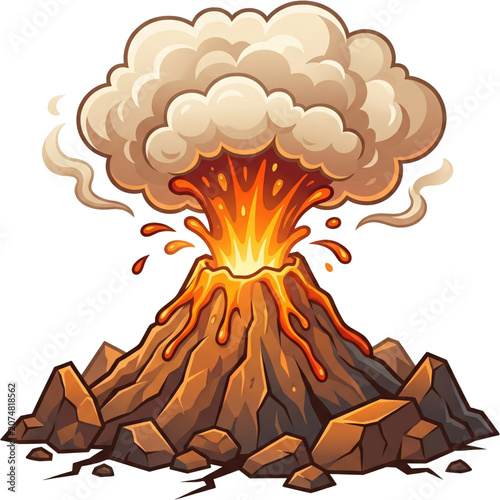 Volcano Eruption Illustration: A vibrant illustration depicts a powerful volcano erupting with molten lava and a plume of smoke, surrounded by rocks and cracked earth, symbolizing nature's raw energy.