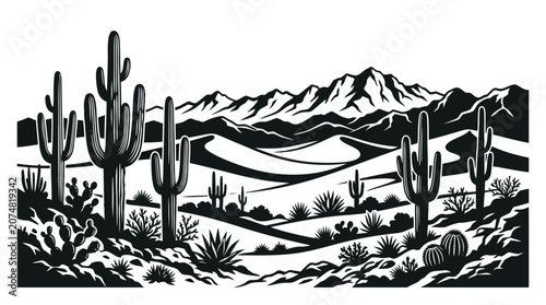 Foto Black and white desert landscape with cacti