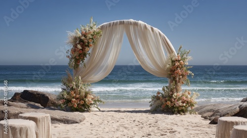 Arch with Flowers and Fabric on a Beach with Ocean View Featuring Wedding, Ceremony, Decor with Floral and Arrangement Elements