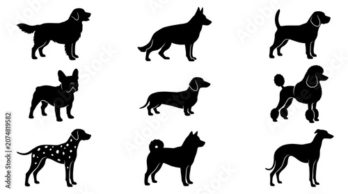 фотографія Silhouette of various dog breeds standing.