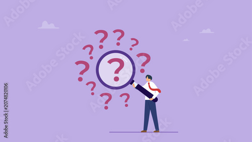 Tableau sur toile Businessman with magnifying glass analyze question marks