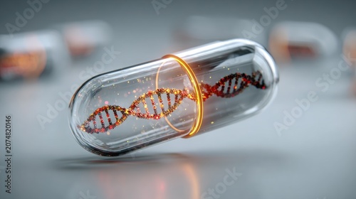 Dna Strand in Glowing Laboratory Test Tube with Floating Particles and Light Trails, Science Research and Genetics Concept
