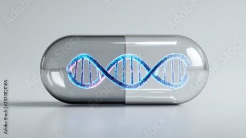 Dna Helix Inside Transparent Capsule with Glowing Blue Neon Strands for Biotechnology Concept Visual
