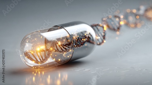 Dna Molecule in Glass Light Bulb with Glowing Particles, Concept for Genetic Science, Biotechnology, Research and Innovation