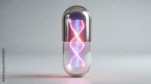 Dna Helix Hologram Glowing in Neon Light Inside Transparent Glass Capsule for Biotechnology Concept Background