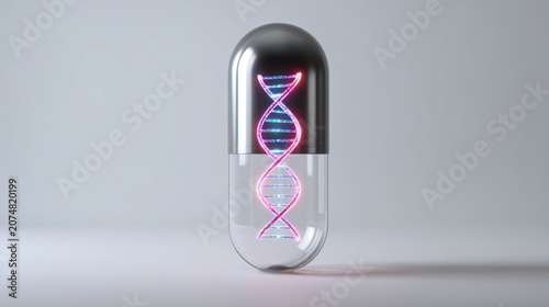 Pill with Glowing Dna Strand Inside on a Gradient Background Featuring Medical, Science, Healthcare with Biotechnology