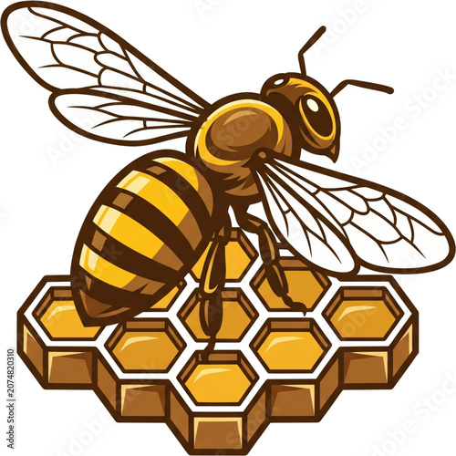 Detailed Bee on Honeycomb Illustration: A close-up illustration depicts a detailed honeybee with yellow and black stripes and translucent wings.