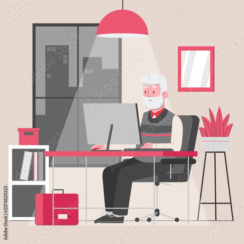 Billede på lærred Old man overtime working in the office