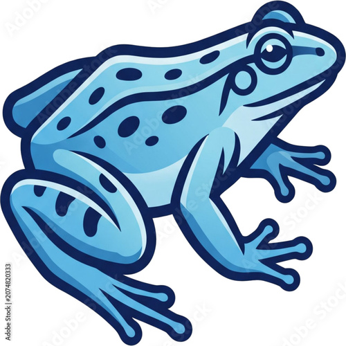 Blue Frog Illustration: A stylized blue frog, with black spots and wide eyes, is depicted in a graphic illustration, showcasing its amphibian form with clean lines.