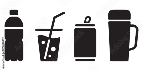 Fotografía Essential beverage containers including water bottle soda cup aluminum can and travel mug icons for product design