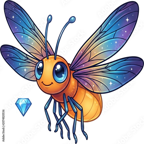 Sparkling Celestial Firefly: An adorable, cartoonish firefly with iridescent, galaxy-patterned wings hovers next to a shimmering blue diamond, radiating a sense of wonder and magic.