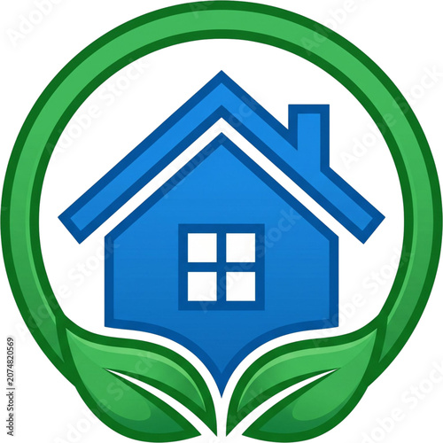 Eco-friendly Home Symbol: A stylized blue house is embraced by a circular green leaf motif, symbolizing sustainable living and environmental consciousness.