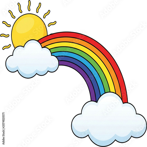 A Vibrant Rainbow Arching Through Clouds with a Smiling Sun