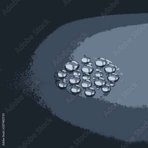 Close-up of water droplets clustered on a dark, textured surface, abstract, macro
