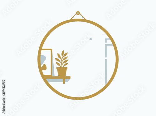 Minimalist Round Mirror Reflecting Indoor Plant and Art on Shelf
