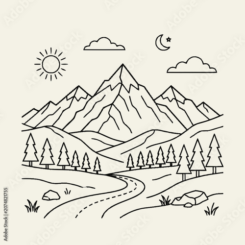 Minimalist mountain landscape line art with road, sun, moon, and clouds