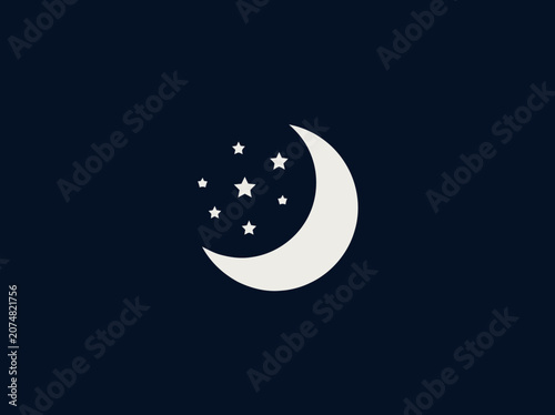Crescent Moon and Stars Icon on Dark Blue Night Sky Background