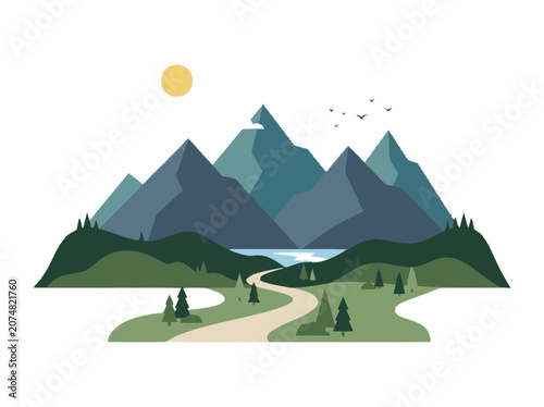 Serene Mountain Landscape with Winding Path and Lake - Flat Design Illustration