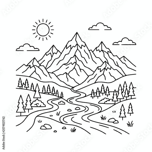 Minimalist Mountain Landscape Line Art: River, Sun, Clouds, Trees