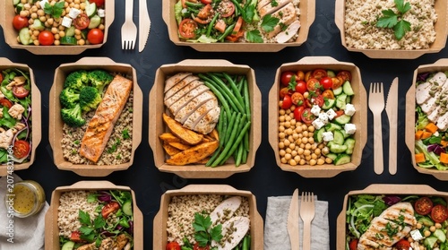 Top view of healthy prepared meal prep containers with diverse proteins
