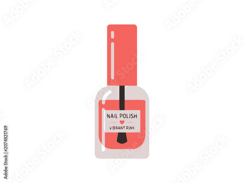 Coral Pink Nail Polish Bottle with Brush, Cute Heart Label, Isolated on White Background