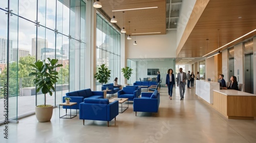 Spacious modern office lounge area with blue armchairs and glass facade