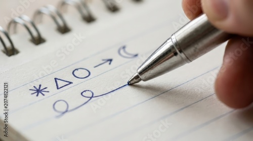 Close up of a pen drawing geometric symbols on a notepad
