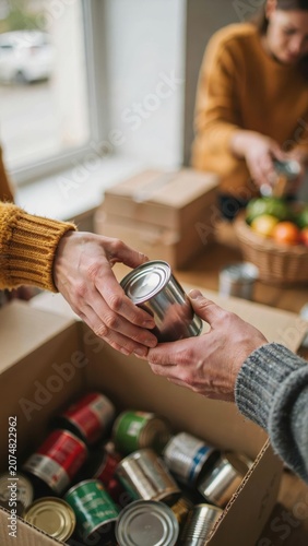 Stunning photo of Hands exchanging a can of food over a donation box filled with various canned goods, symbolizing charity and support.