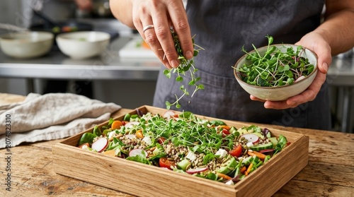 Chef garnishing a fresh gourmet green salad with microgreens in kitchen