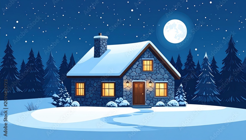 Naklejka premium Cozy stone house under a full moon, snow-covered landscape at night
