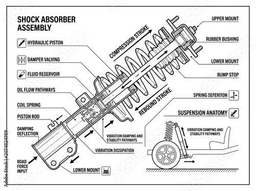 Automotive suspension and shock absorber assembly diagram.