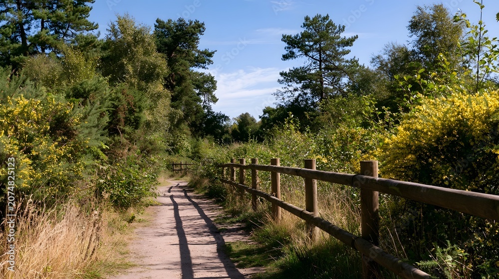 Fototapeta premium A tranquil and scenic trail winding through a nature reserve under a clear sunny sky evoking feelings of warmth and calm