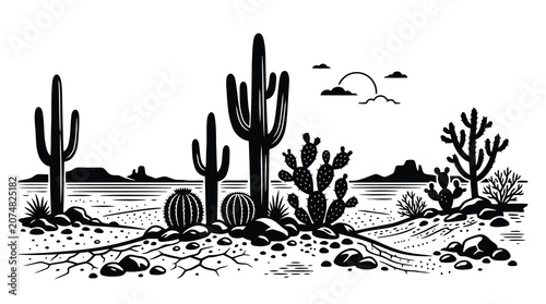 Foto Desert landscape with cacti and birds