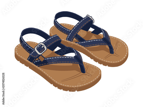 Comfortable Blue Fabric Sandals with Buckle, White Stitching, Isolated on White